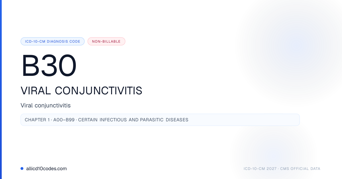 B30 Viral conjunctivitis | ICD-10-CM 2026 | allicd10codes.com