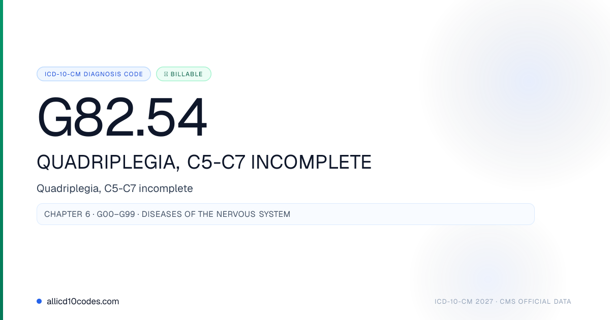 G82.54 Quadriplegia, C5-C7 incomplete | ICD-10-CM 2026 | allicd10codes.com