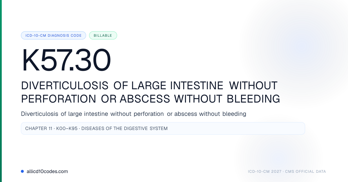 K57 Color Code K57.30 Diverticulosis of large intestine without perforation or abscess ...