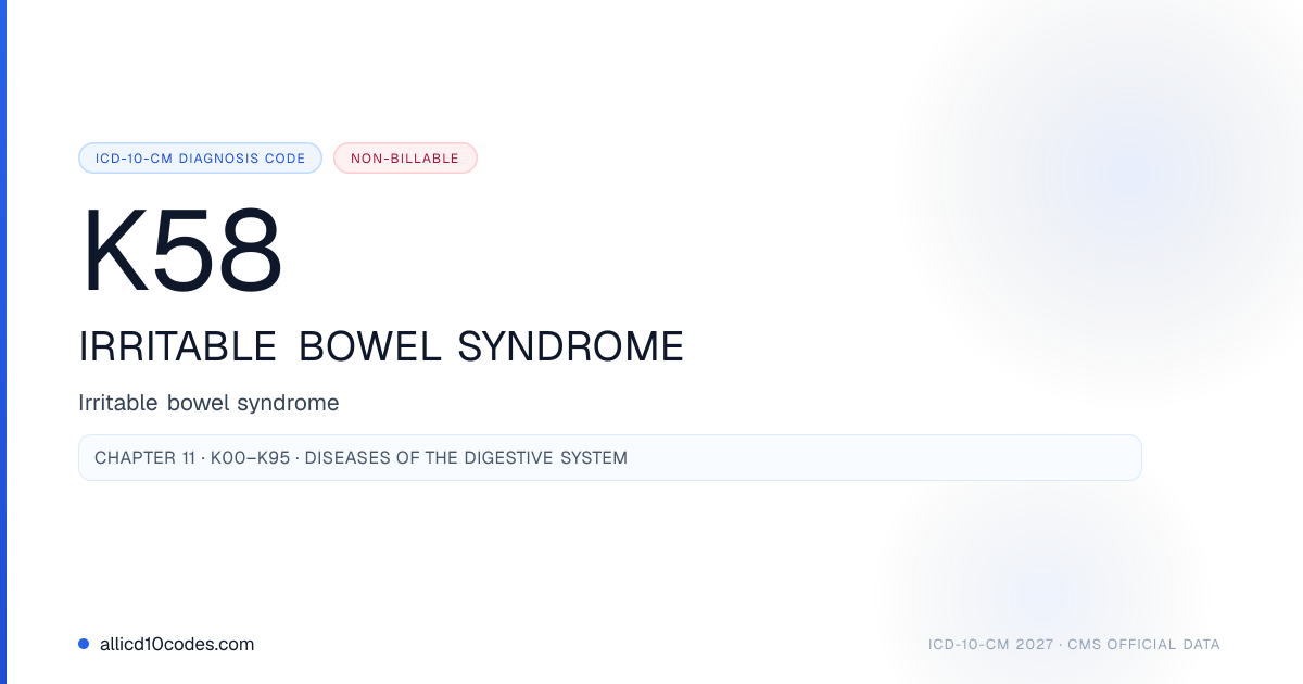 Ibs Code K58 Irritable bowel syndrome | ICD-10-CM 2026 | allicd10codes.com