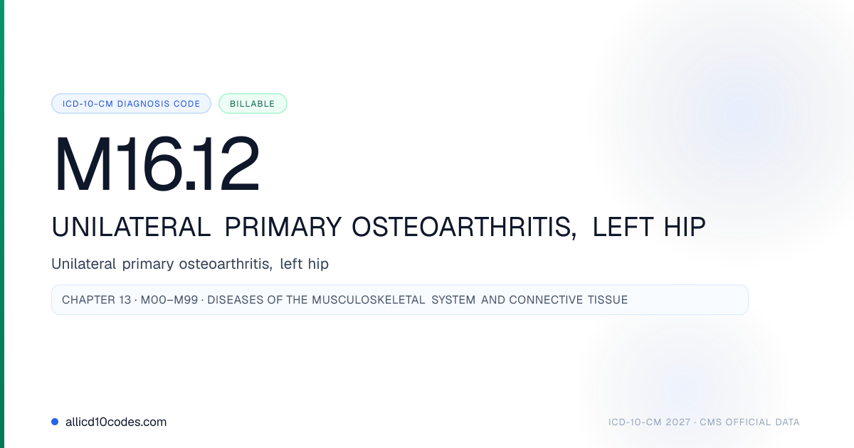 M16.12 Unilateral primary osteoarthritis, left hip | ICD-10-CM 2026 ...