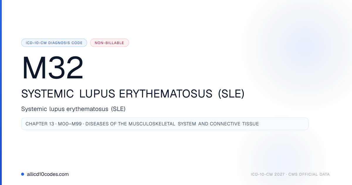 Sle 3 Code M32 Systemic lupus erythematosus (SLE) | ICD-10-CM 2026 | allicd10codes.com