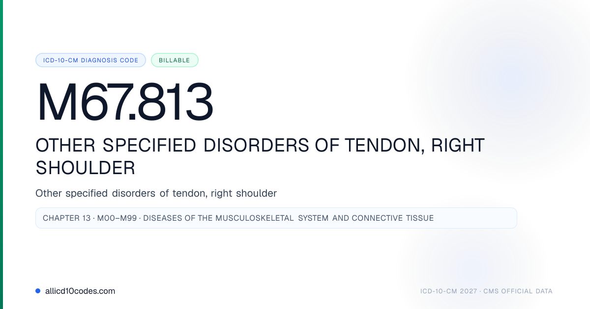 Ra Rc Code M67 Description M67.813 Other specified disorders of tendon, right shoulder | ICD-10-CM ...