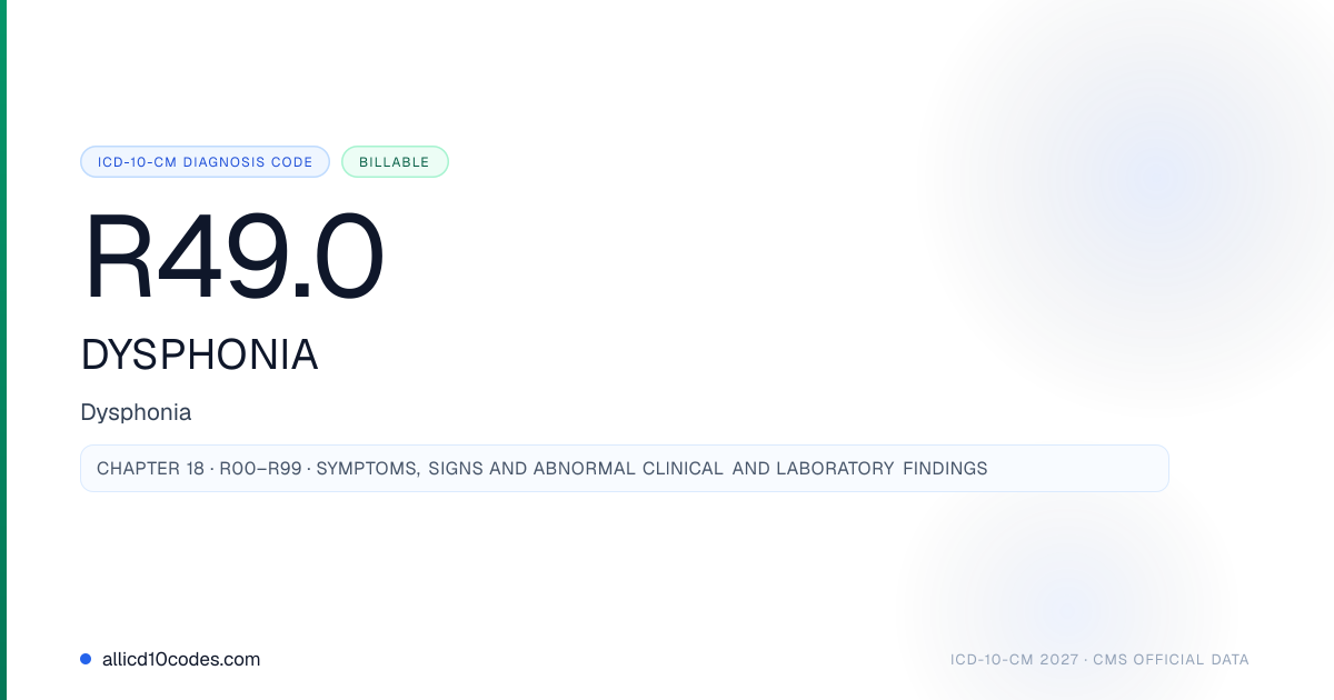 R49 Right Signcode R49.0 Dysphonia | ICD-10-CM 2026 | allicd10codes.com