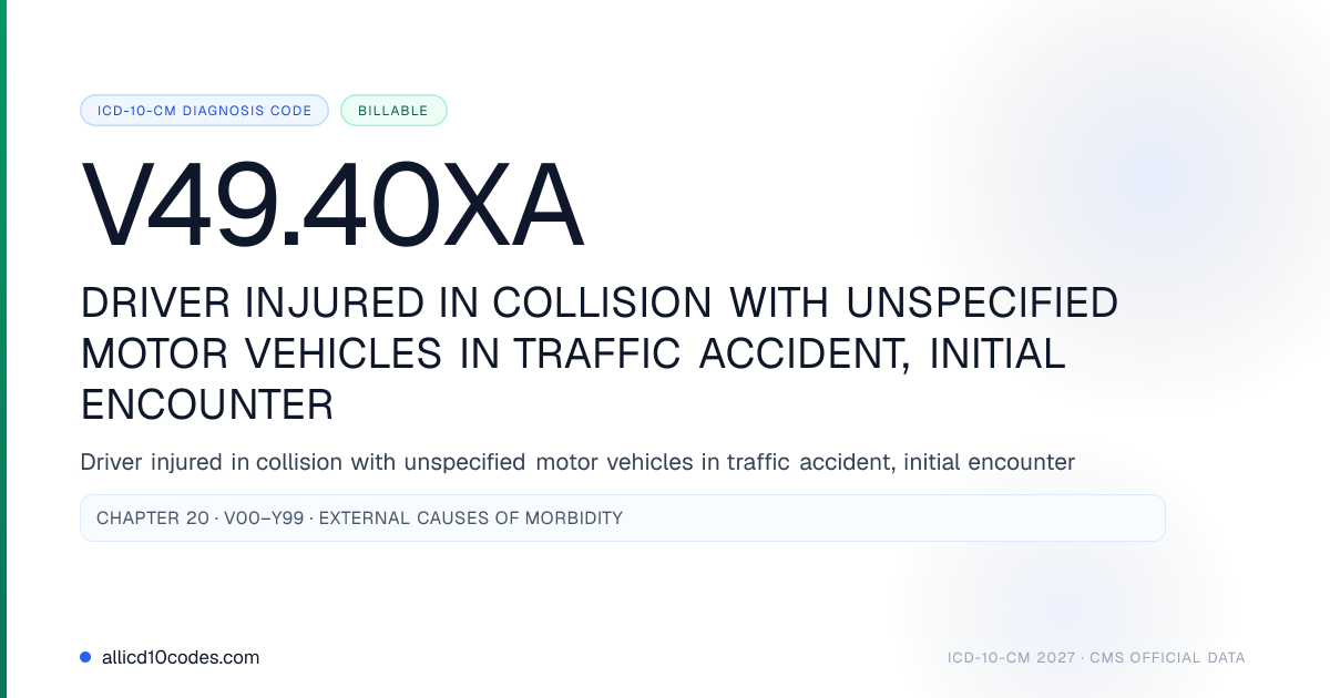 V49.40XA Driver injured in collision with unspecified motor vehicles in ...