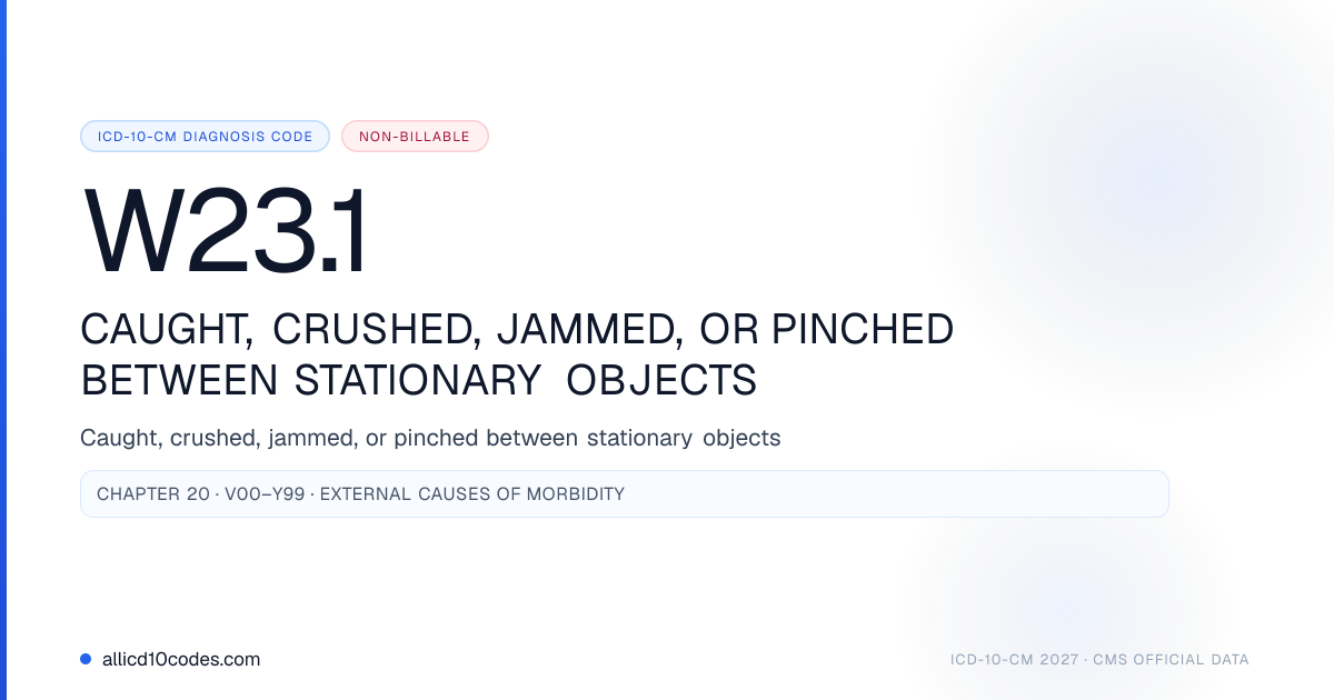 W23 Color Code W23.1 Caught, crushed, jammed, or pinched between stationary objects ...