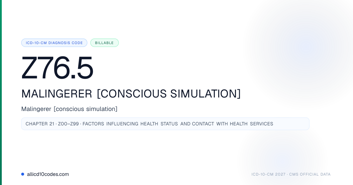 Z76.5 Malingerer [conscious simulation] | ICD-10-CM 2026 ...
